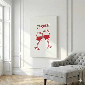 Minimalist canvas artwork of clinking wine glasses and cheerful typography, rendered in a bold, graphic style