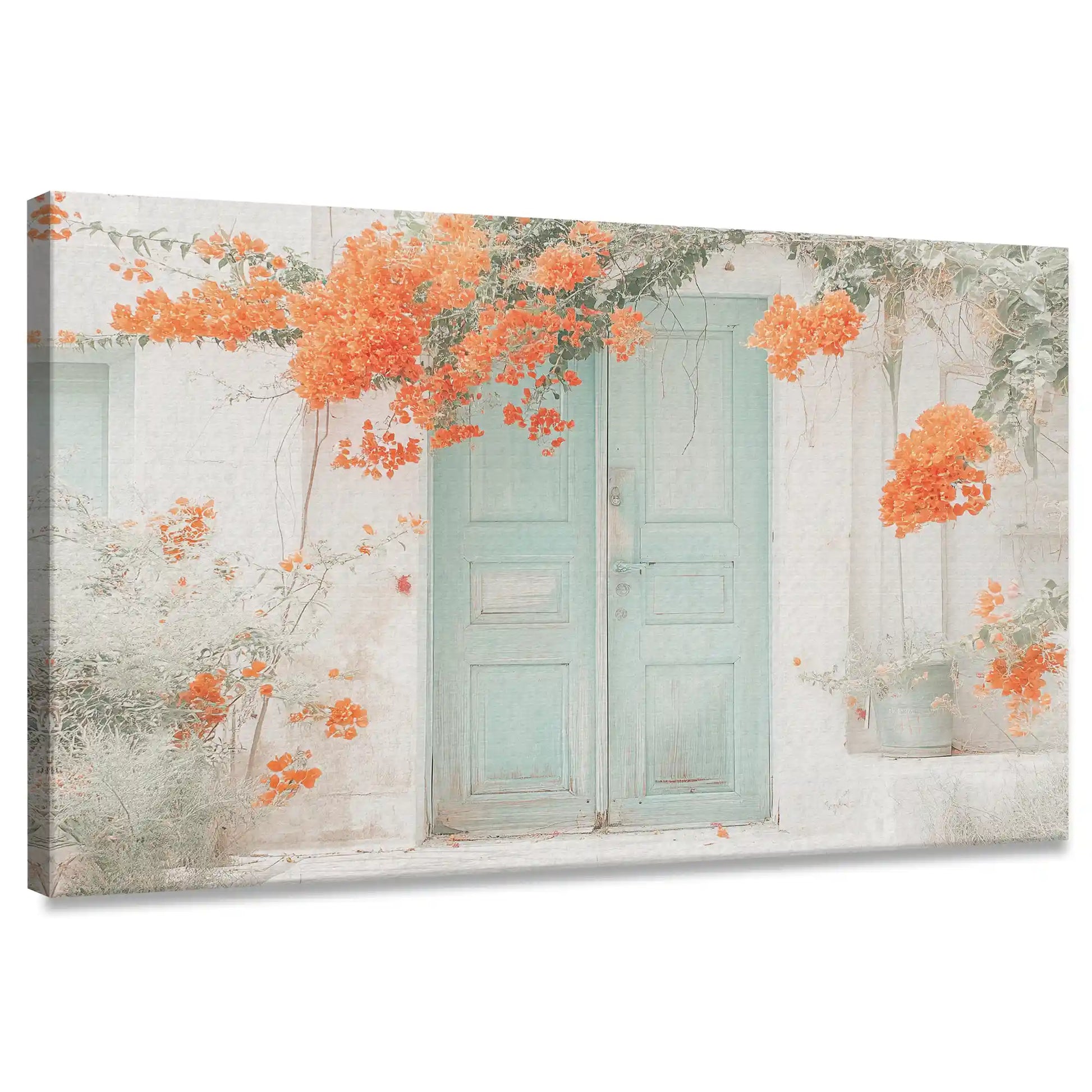 Rustic floral doorway canvas wall art for living room with vintage turquoise doors and orange blooms