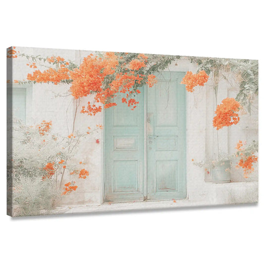 Rustic floral doorway canvas wall art for living room with vintage turquoise doors and orange blooms