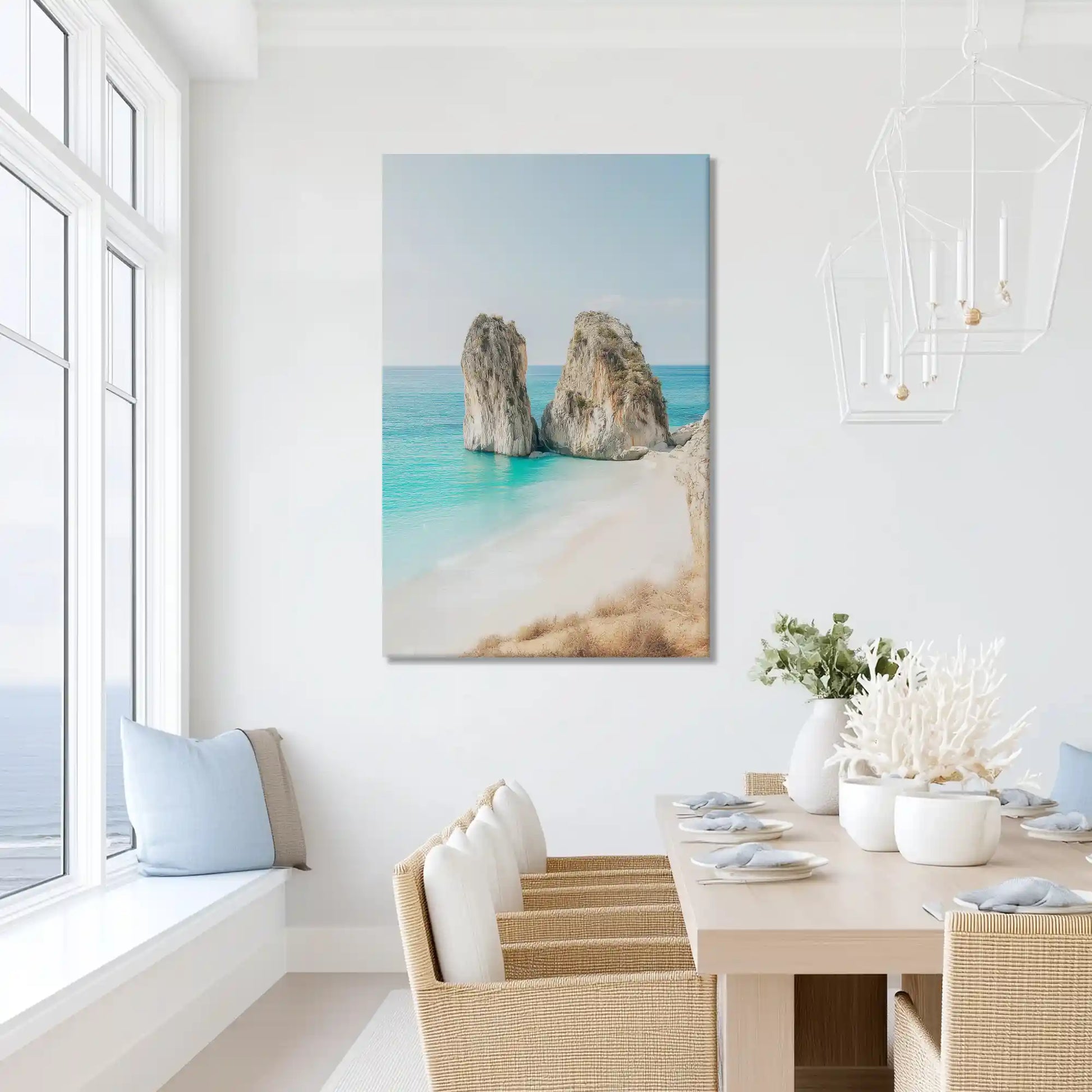 Peaceful rock formation painting with aqua tones, ideal for minimalist dining room settings