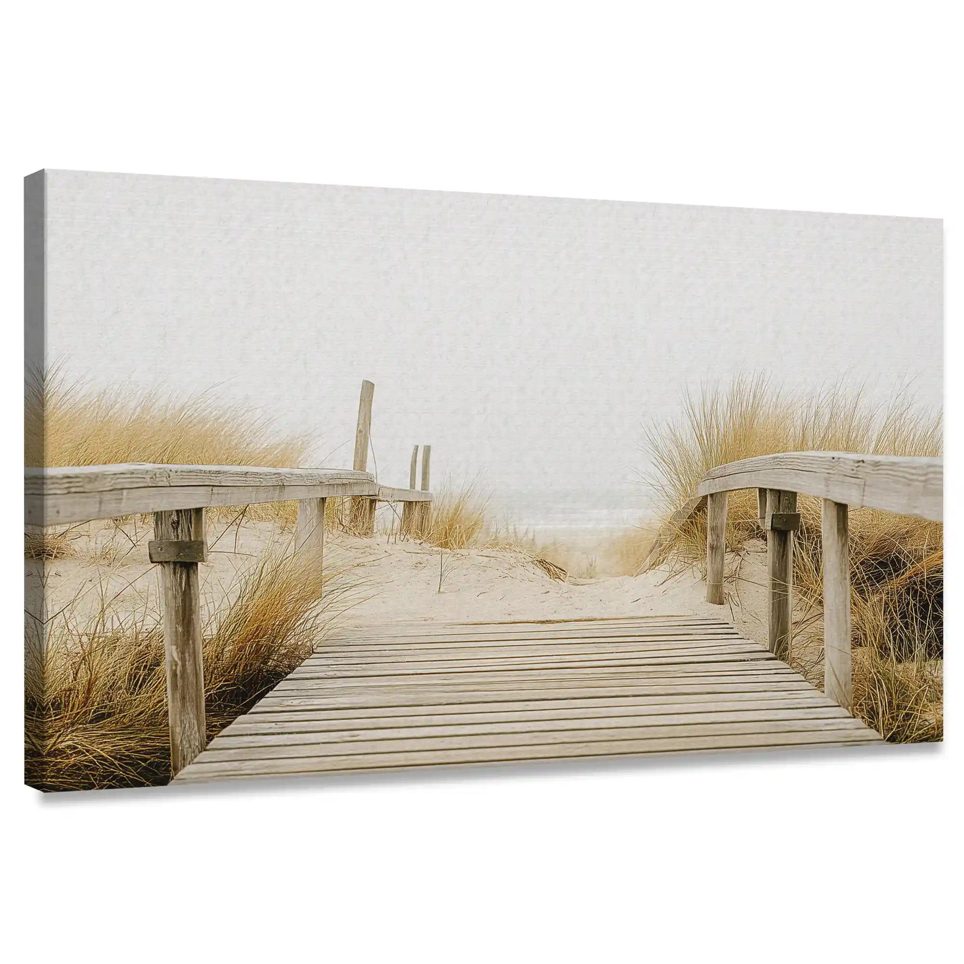 Rustic boardwalk through dunes canvas wall art for living room coastal style