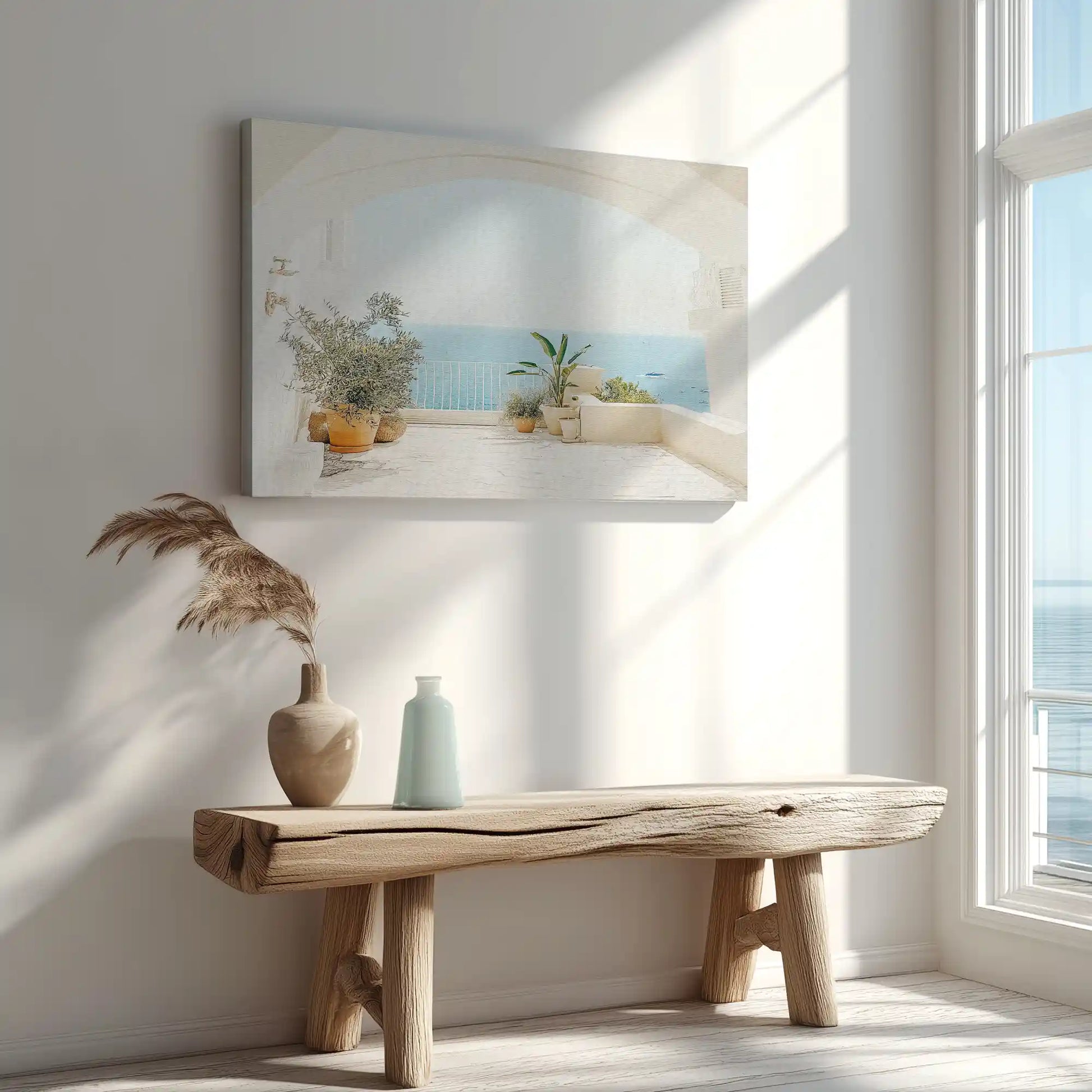 Terrace and sea view painting captured in canvas art with Mediterranean style