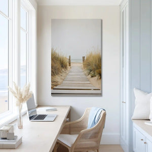 Oversized seaside path canvas wall art for calming bathroom retreat