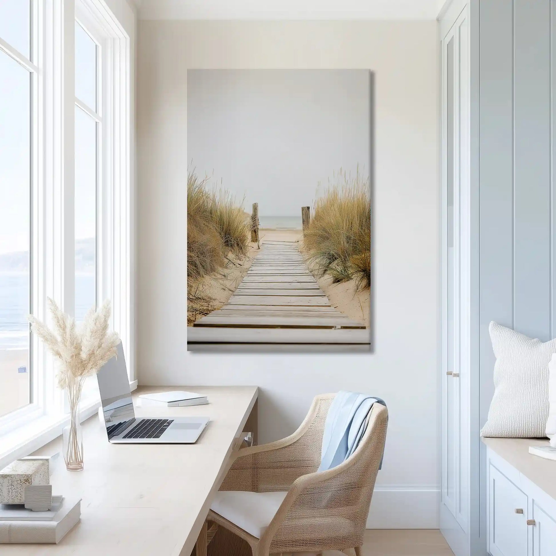 Oversized seaside path canvas wall art for calming bathroom retreat
