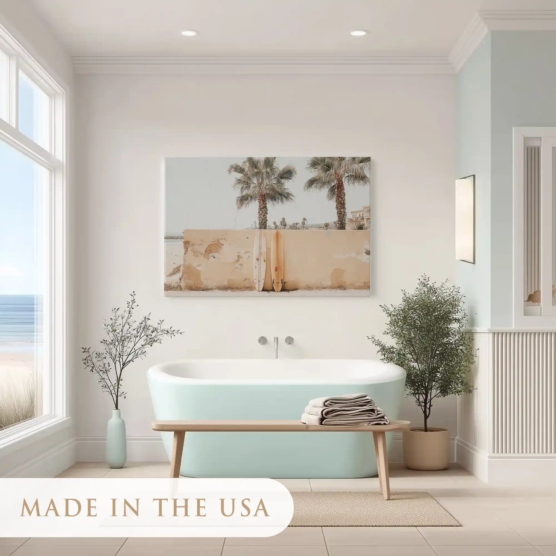 Large tropical coastal canvas wall art with textured background and desert-inspired palms
