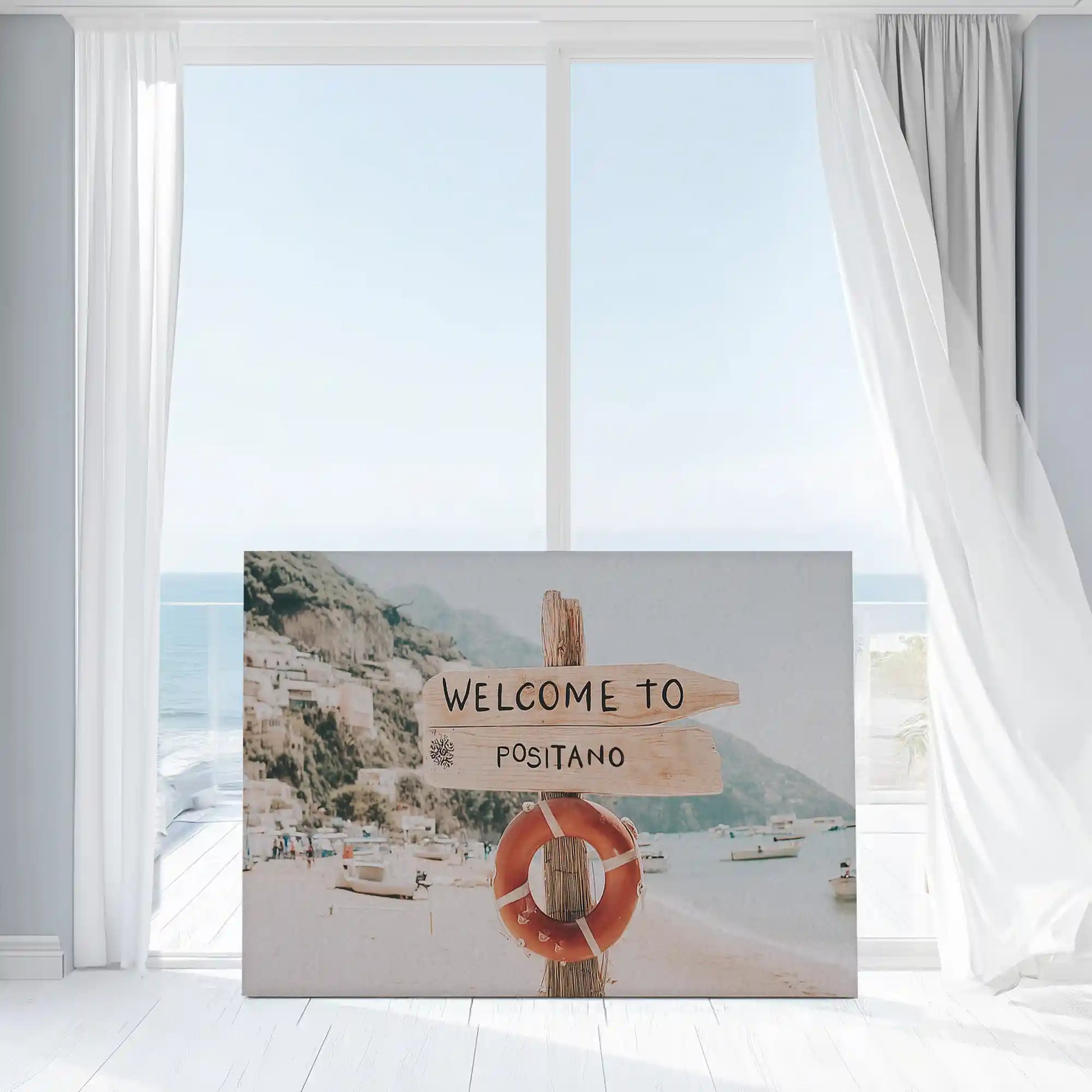 Large Positano coastal wall art on canvas with rustic beach sign and ocean cliff views