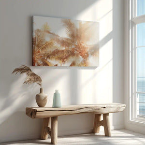Palm frond canopy painting captured in canvas art with tropical coastal style