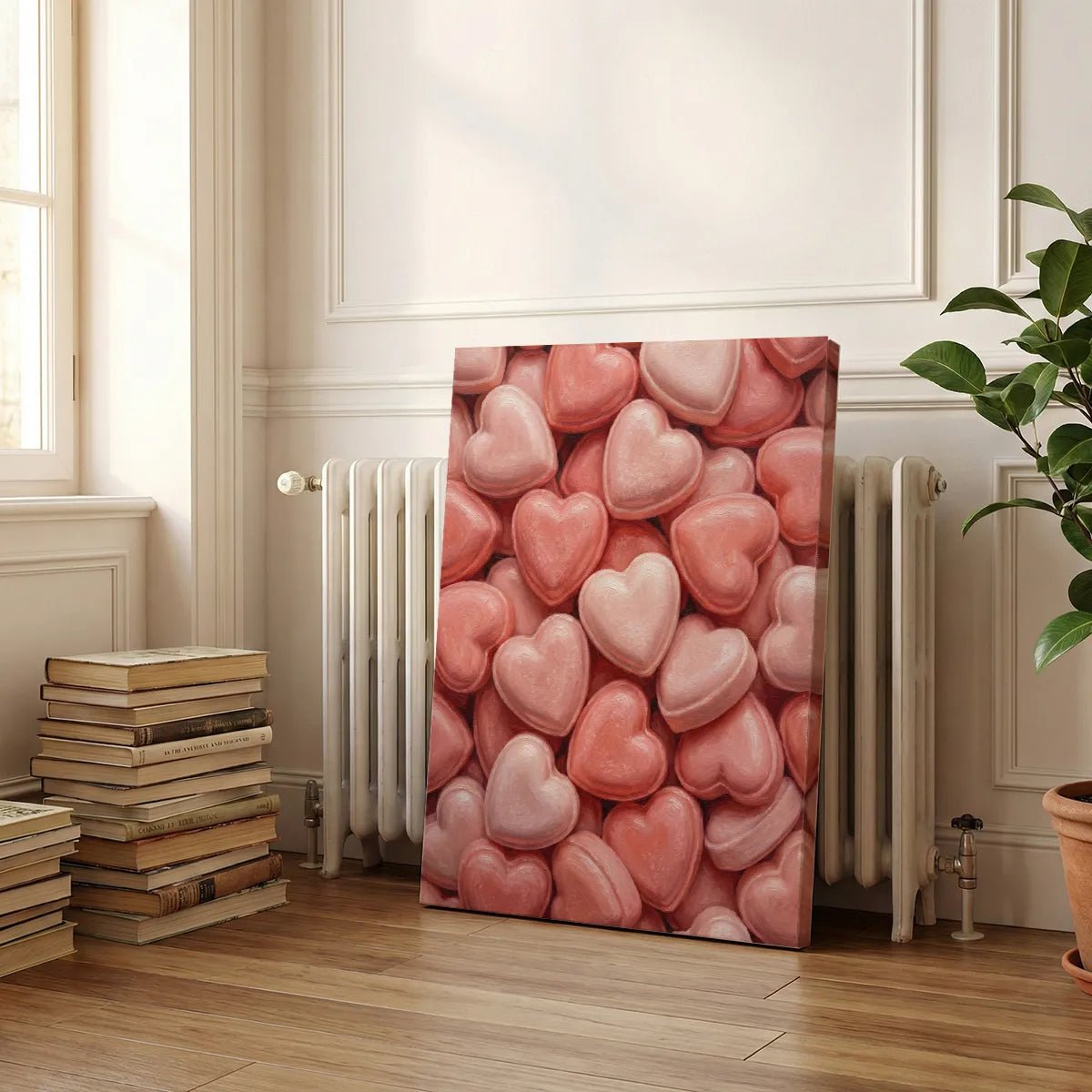 Modern canvas art featuring stylized heart shapes in a pastel color scheme, rendered with soft lines and vibrant tones.