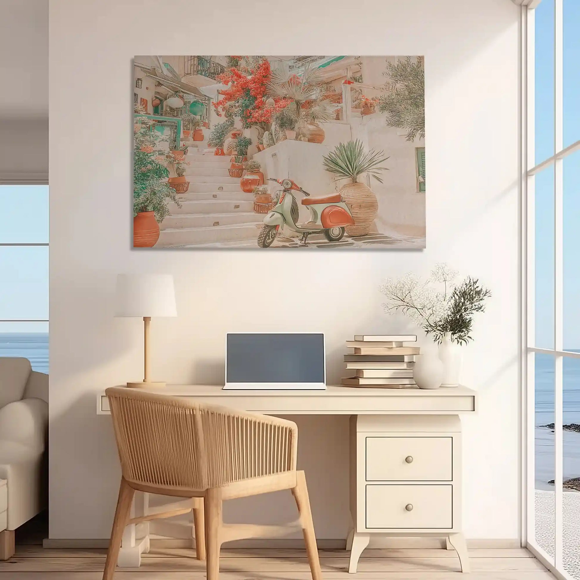 Oversized Mediterranean street canvas print styled as vibrant wall decor for homes
