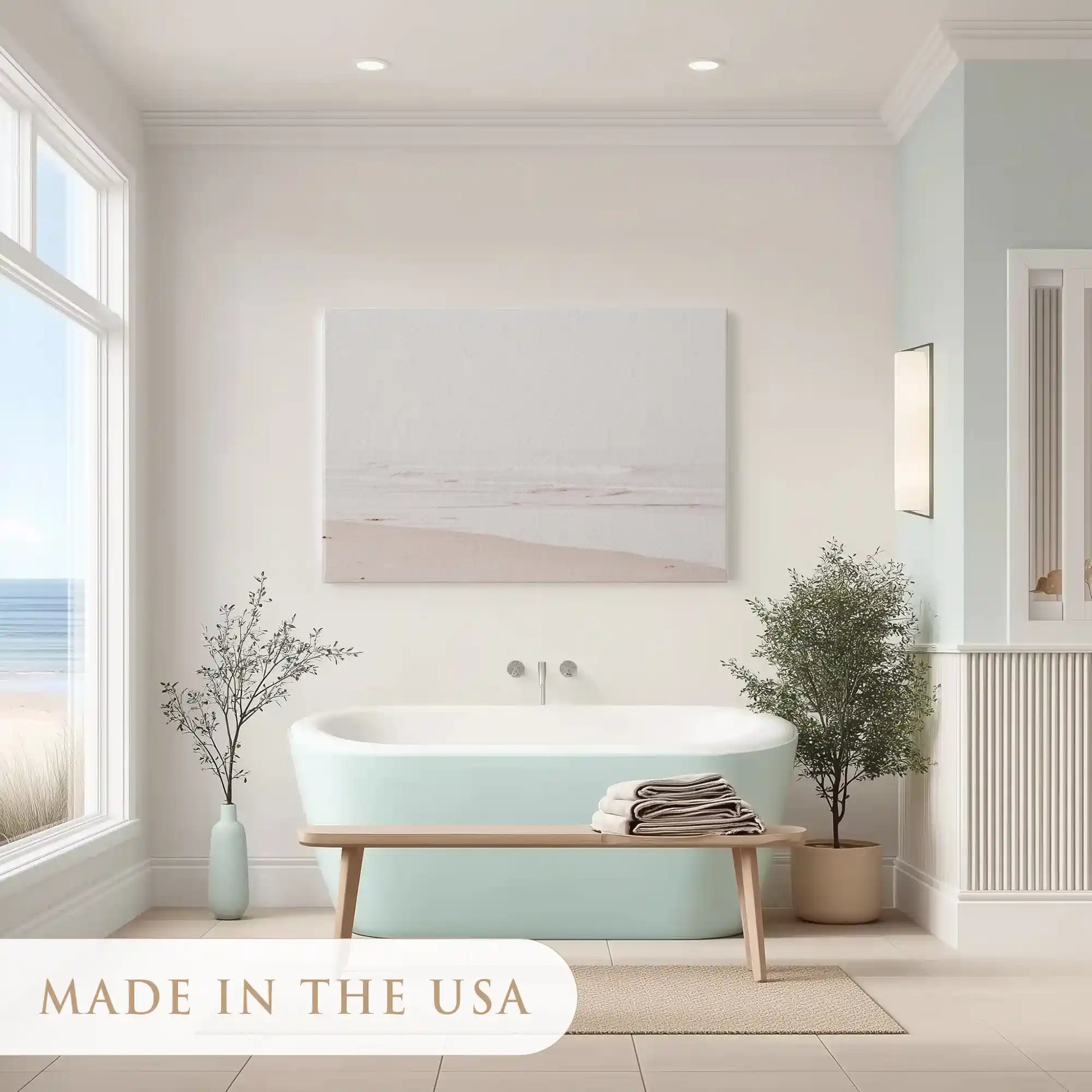 Peaceful pastel ocean painting adding calm coastal charm to contemporary interiors