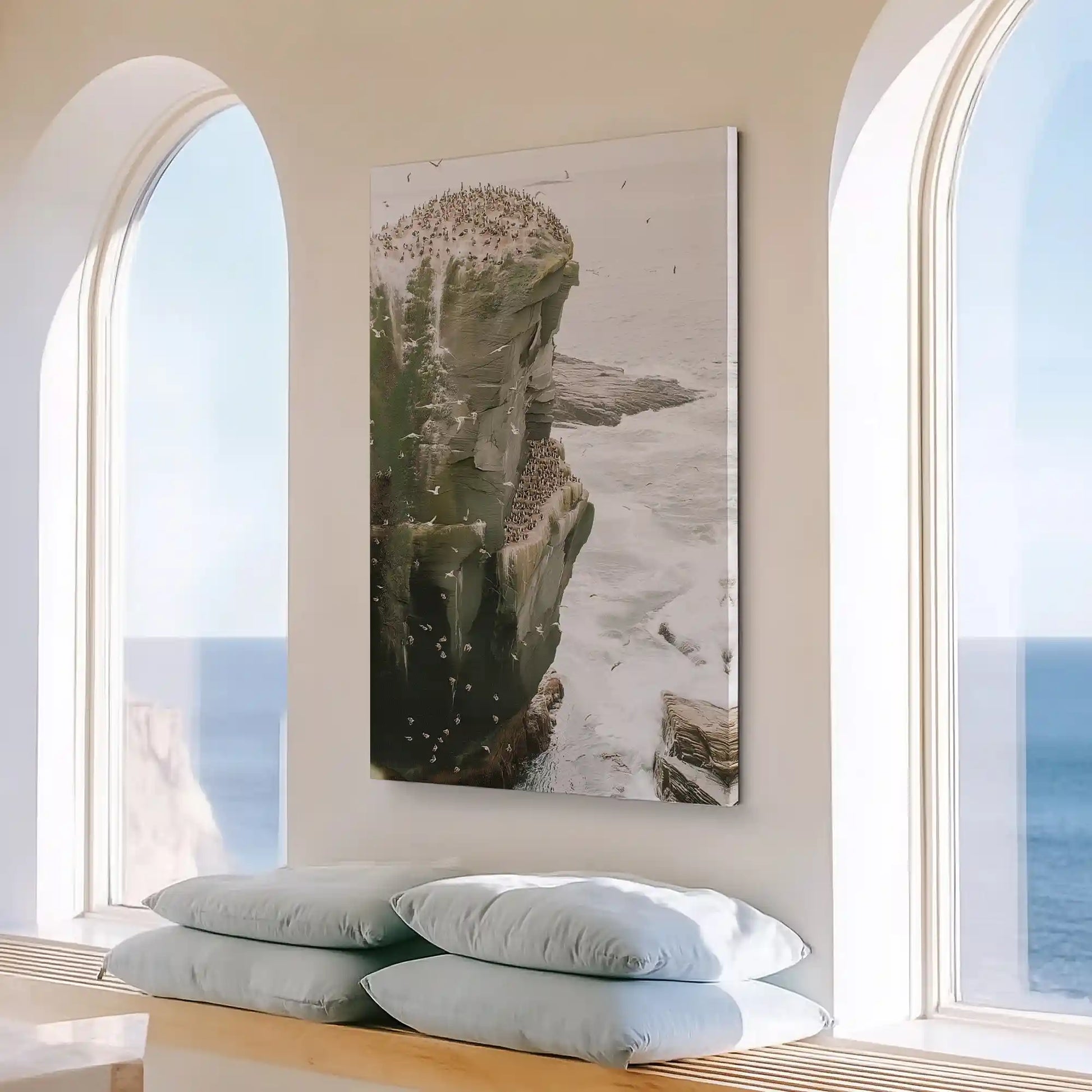 Large ocean cliff painting perfect for dining area placement, evoking raw and powerful seascape