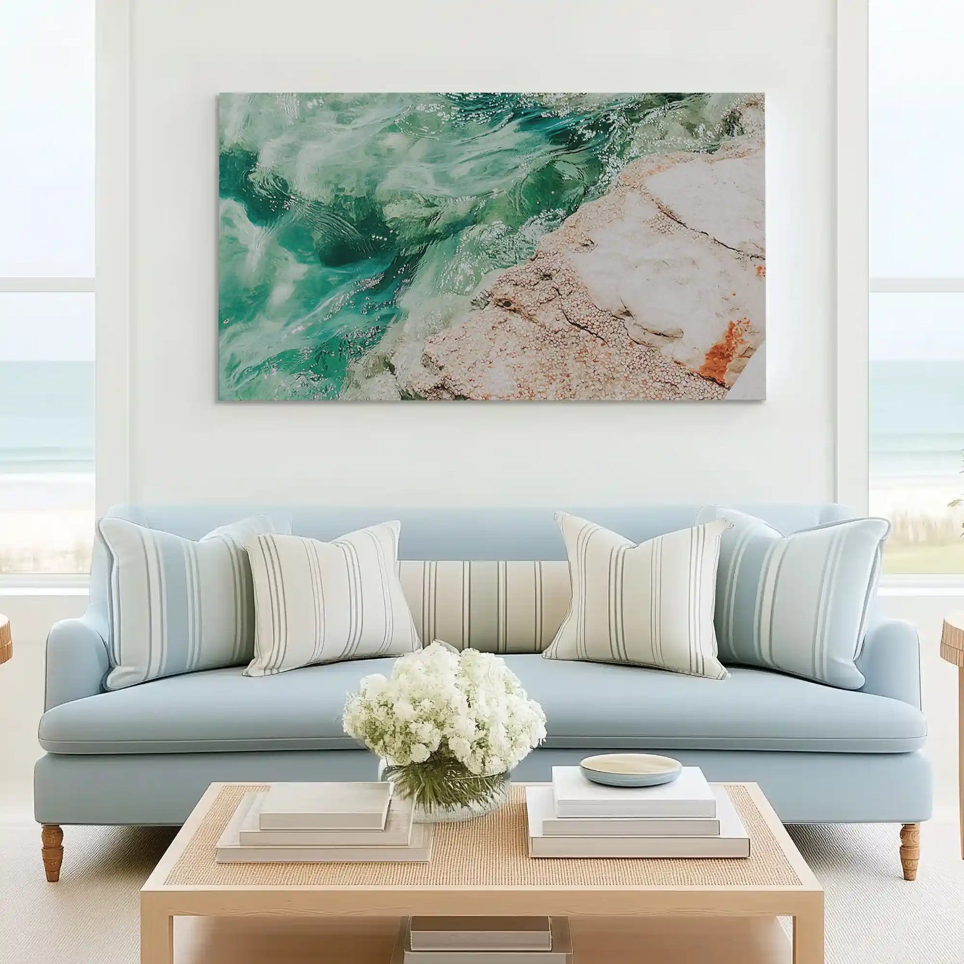 Dynamic seafoam canvas wall art complementing modern and minimalist coastal décor