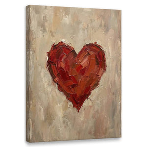 Textured red heart on neutral-toned background in a bold abstract canvas wall art with impasto oil technique.