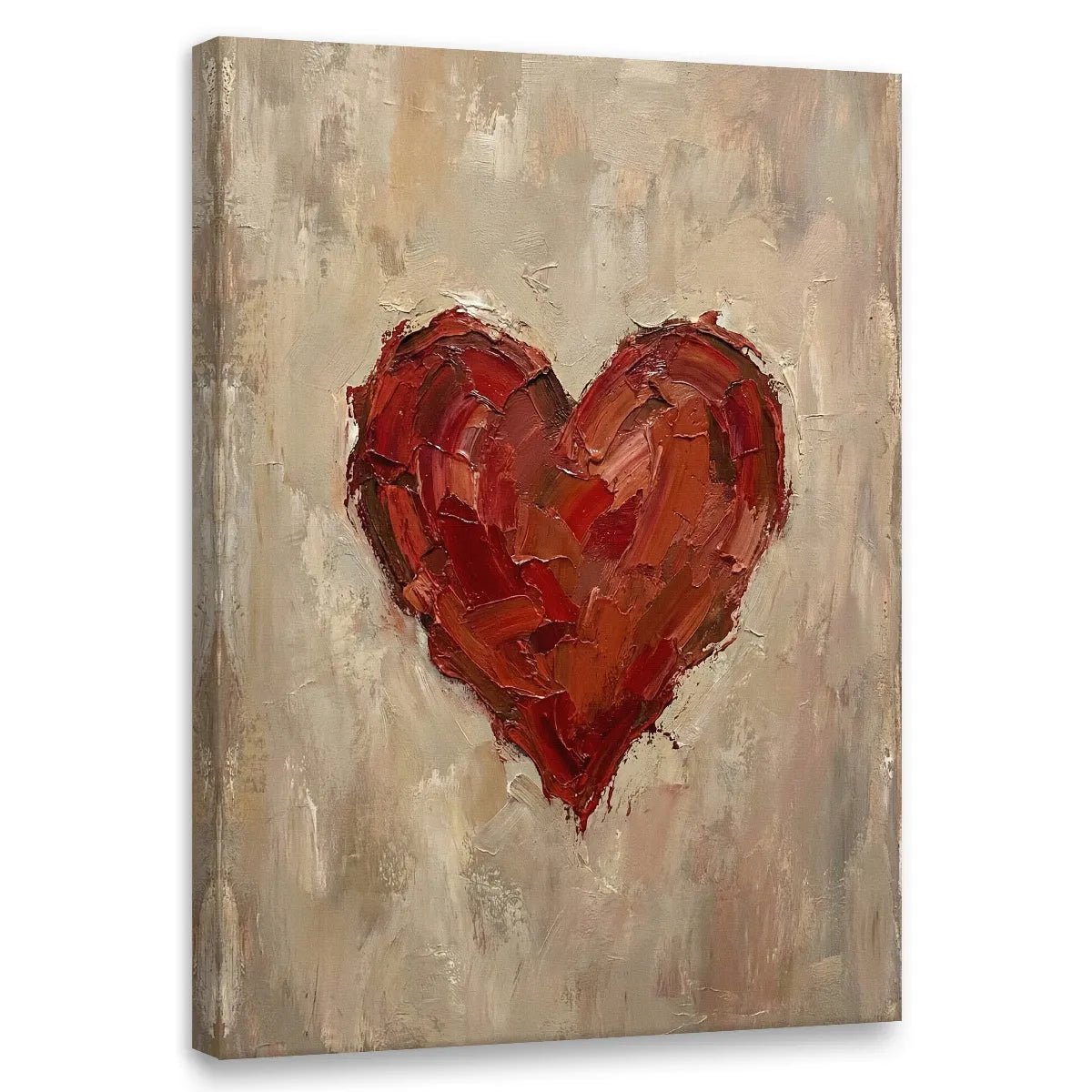Textured red heart on neutral-toned background in a bold abstract canvas wall art with impasto oil technique.