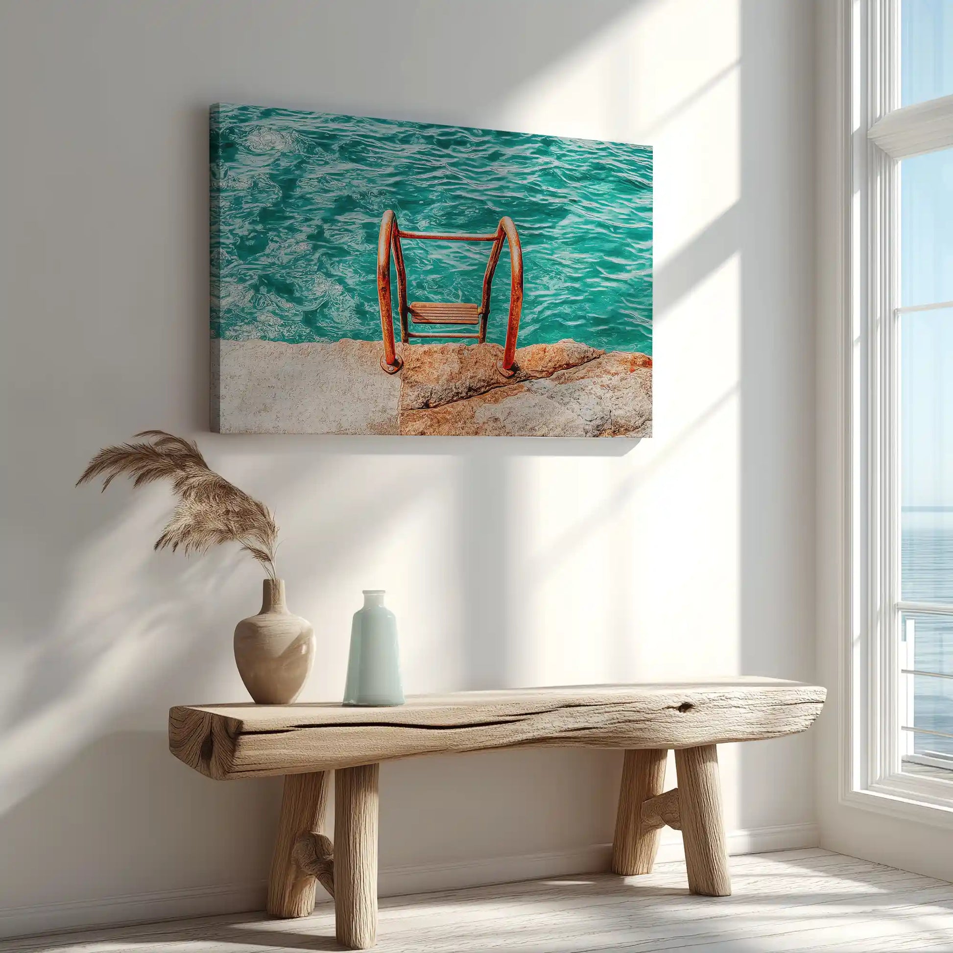 Rustic seaside ladder painting captured in canvas art with bold coastal style