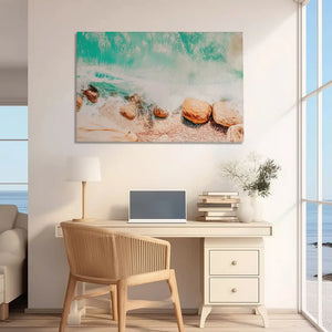 Minimalist seascape canvas art with turquoise waves and sandy textures