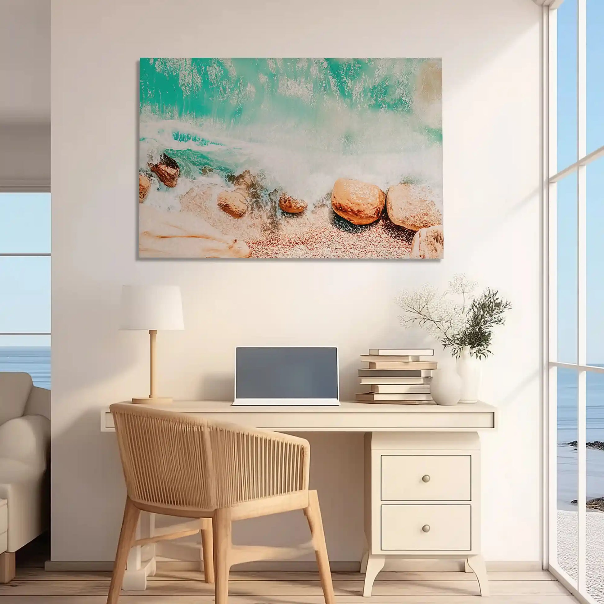 Minimalist seascape canvas art with turquoise waves and sandy textures