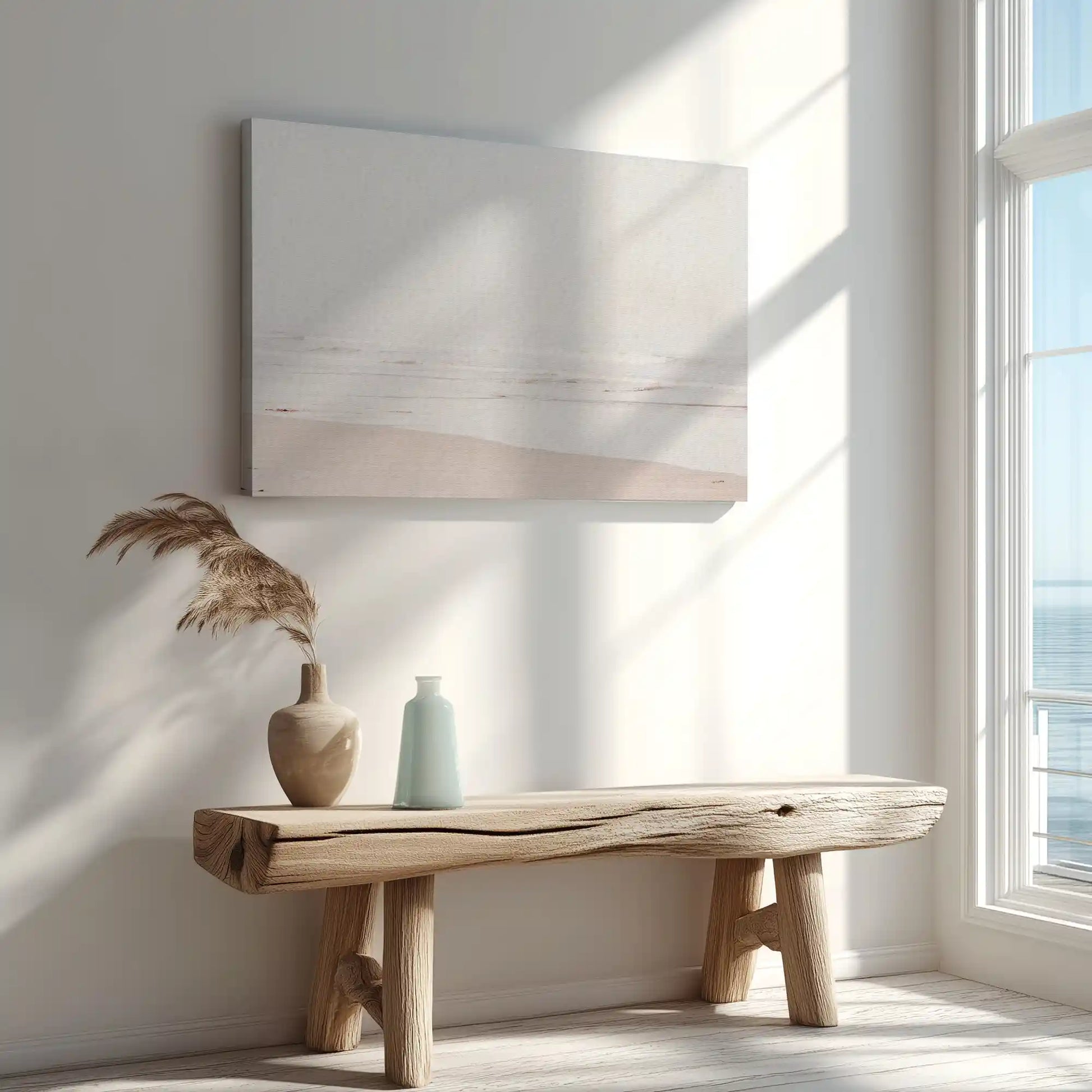 Shoreline horizon painting captured in canvas art with modern minimalist style