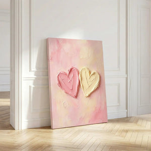 Textured canvas artwork depicting two abstract hearts in a playful pastel palette, rendered with bold impasto technique.