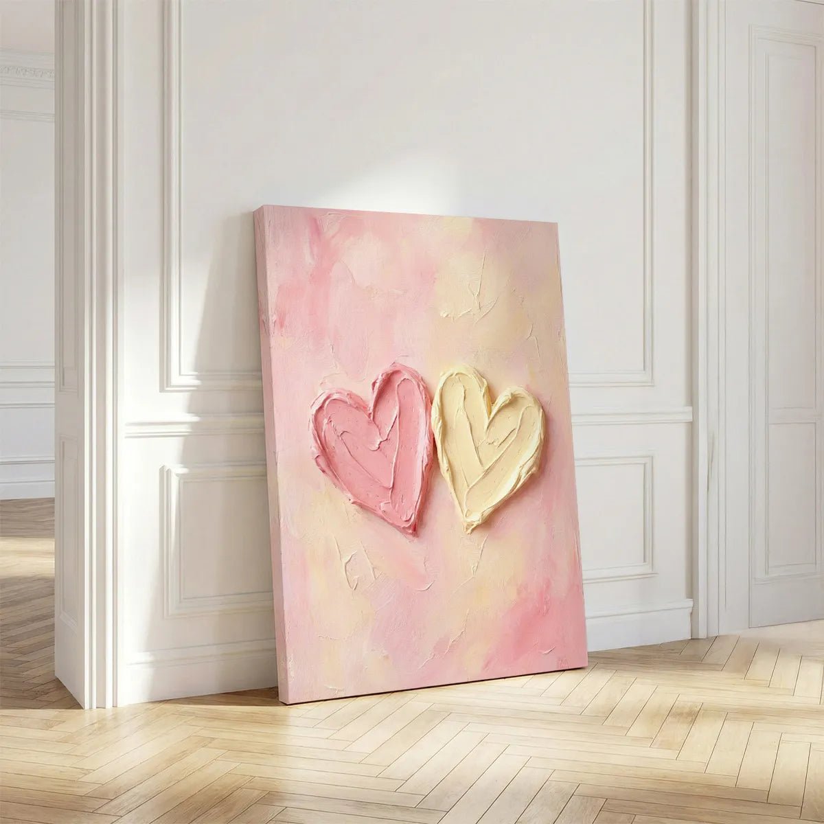 Textured canvas artwork depicting two abstract hearts in a playful pastel palette, rendered with bold impasto technique.