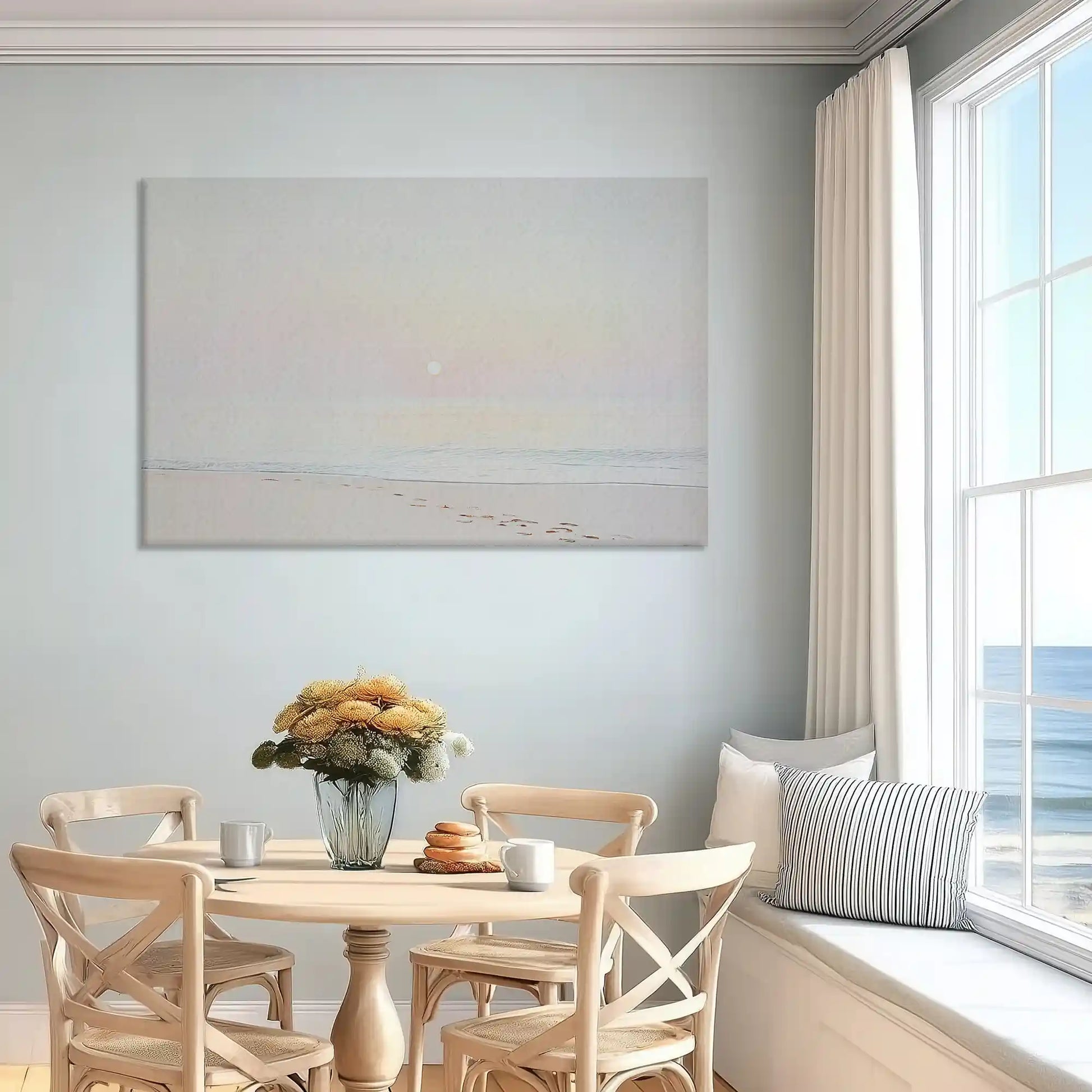 Soft muted shoreline canvas art enhancing serene and light-filled bedroom walls