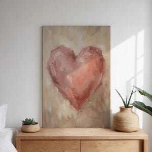 Canvas wall art print of a large pink heart in impressionist style, adding a tender mood to a cozy living room setting.