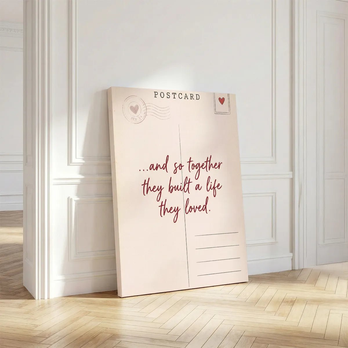 Modern canvas art combining flat rendering and smooth lines to depict a sentimental Valentine’s Day postcard theme.