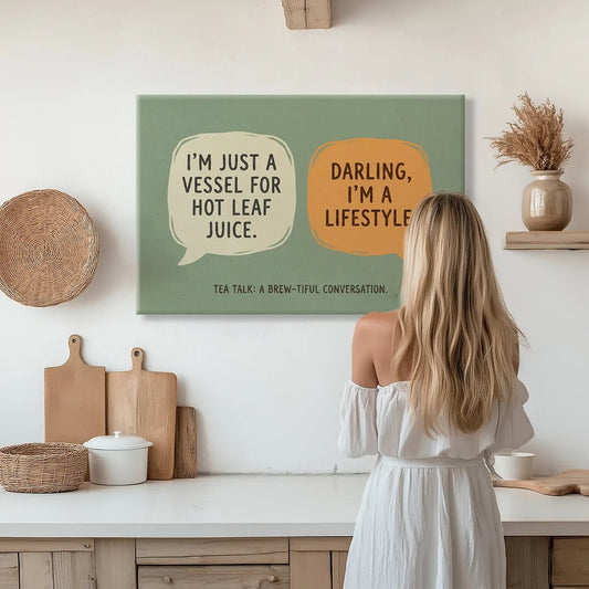 Typography canvas wall art with bold black text inside cream and orange speech bubbles on a sage green background