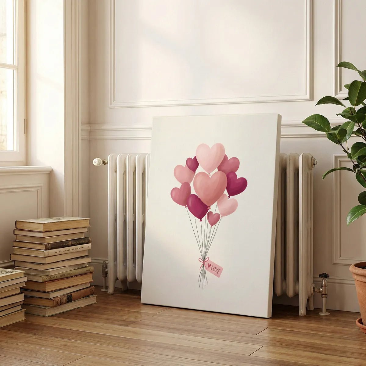Modern canvas art with clean, thin lines and soft shading, displaying a cluster of heart balloons tied with a LOVE tag.
