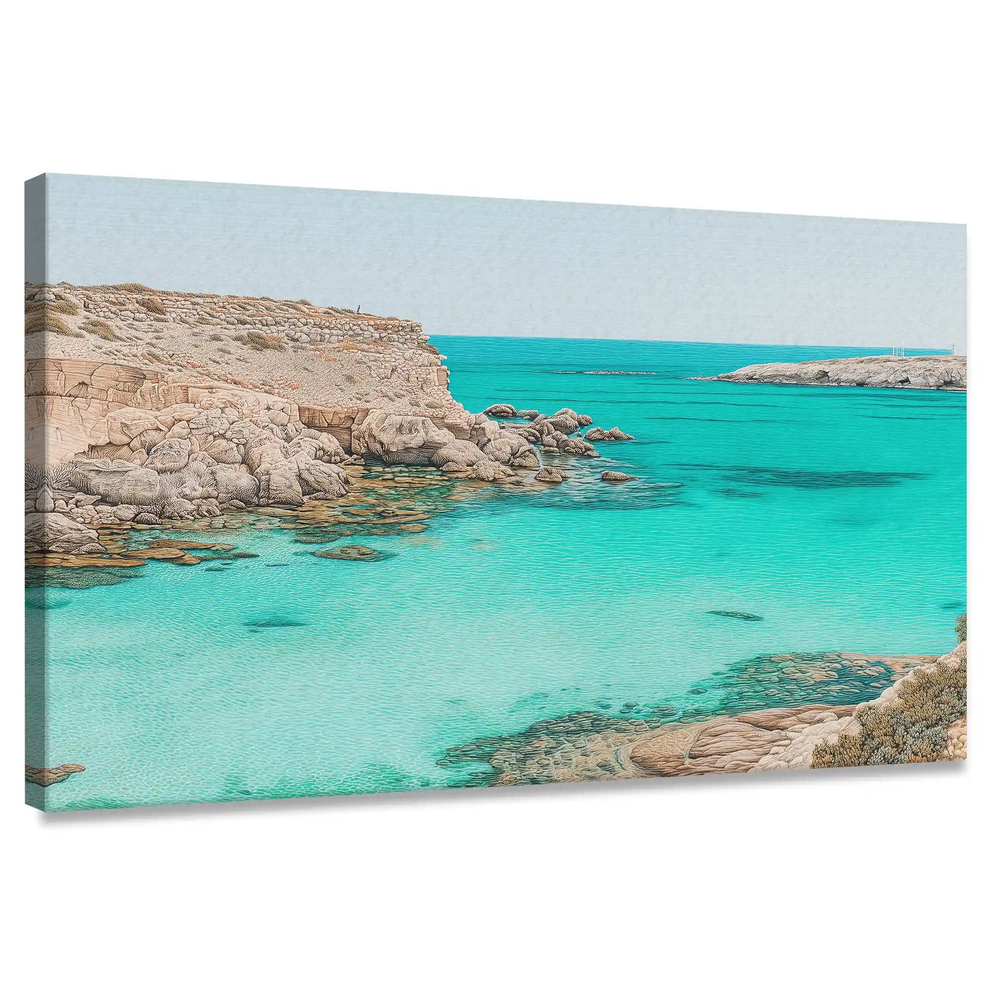 Turquoise coastal canvas wall art with rocky shoreline and clear waters for living room décor