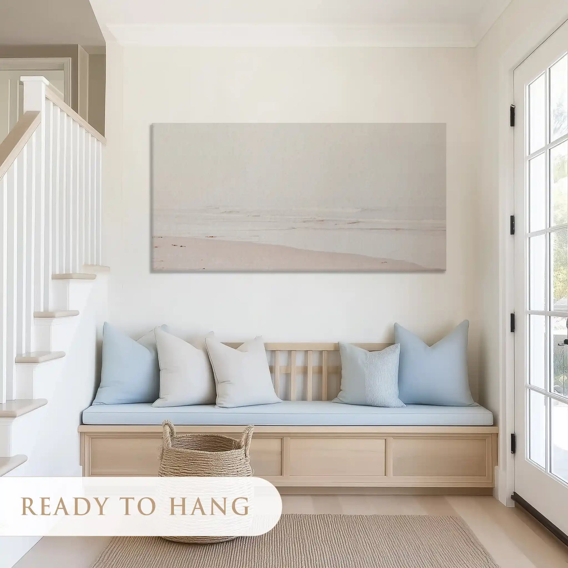 Calm minimalist shoreline canvas art with muted tones for airy modern living rooms