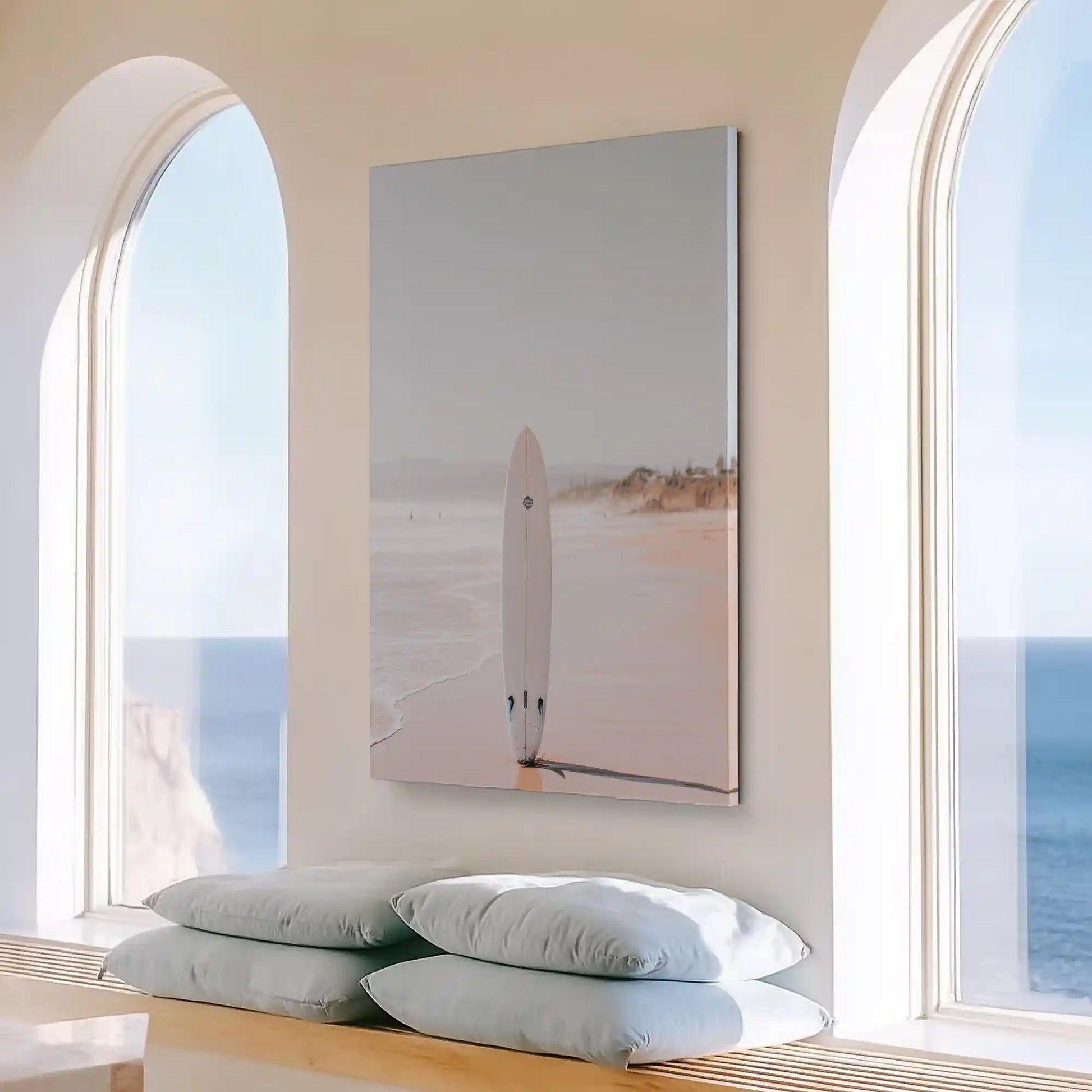 Large neutral surfboard painting perfect for modern bedroom wall decor