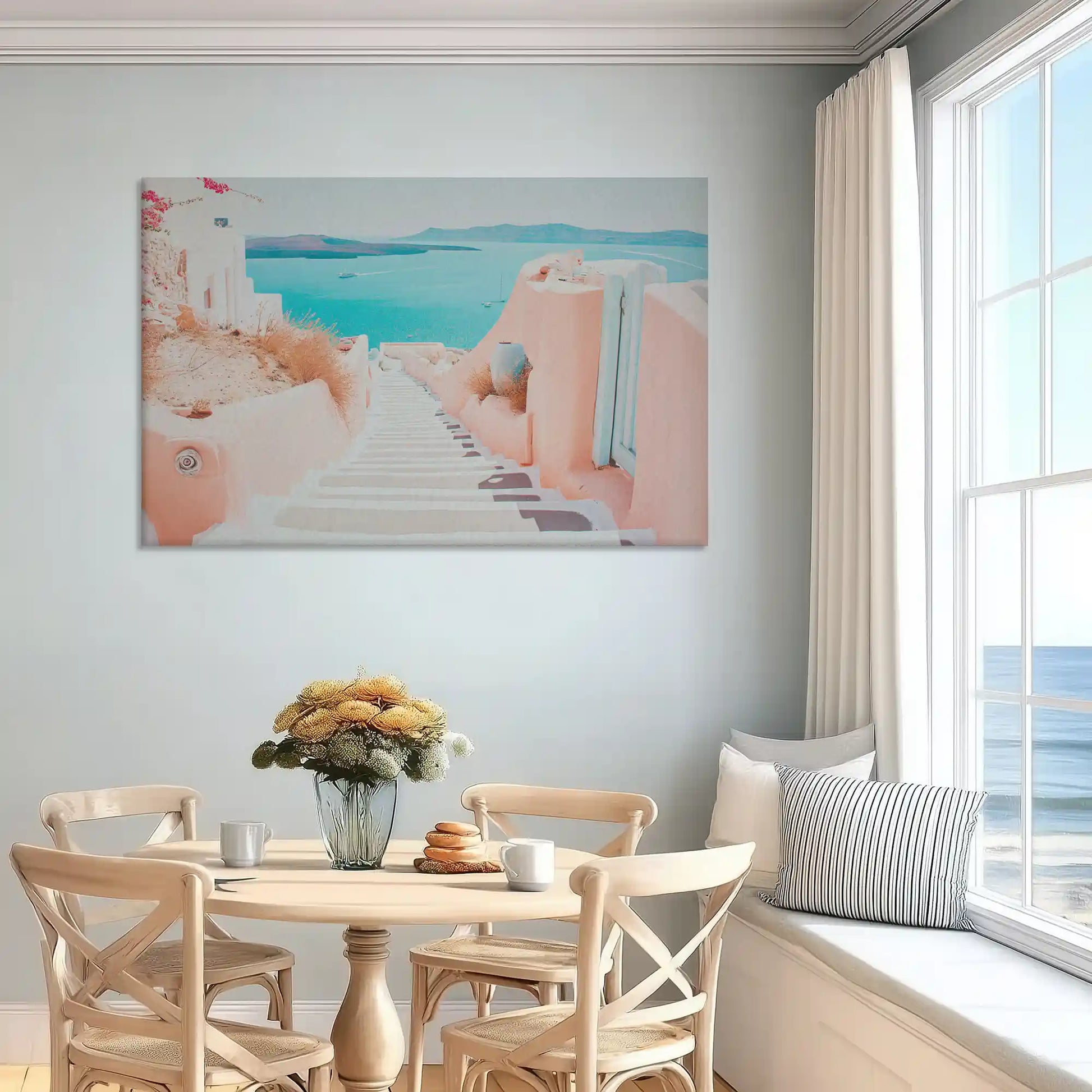 Tranquil ocean view painting complementing minimalist beach house wall decor
