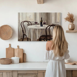 Elegant canvas wall decor depicting a nostalgic table arrangement with burgundy wine and sheer drapes in warm lighting