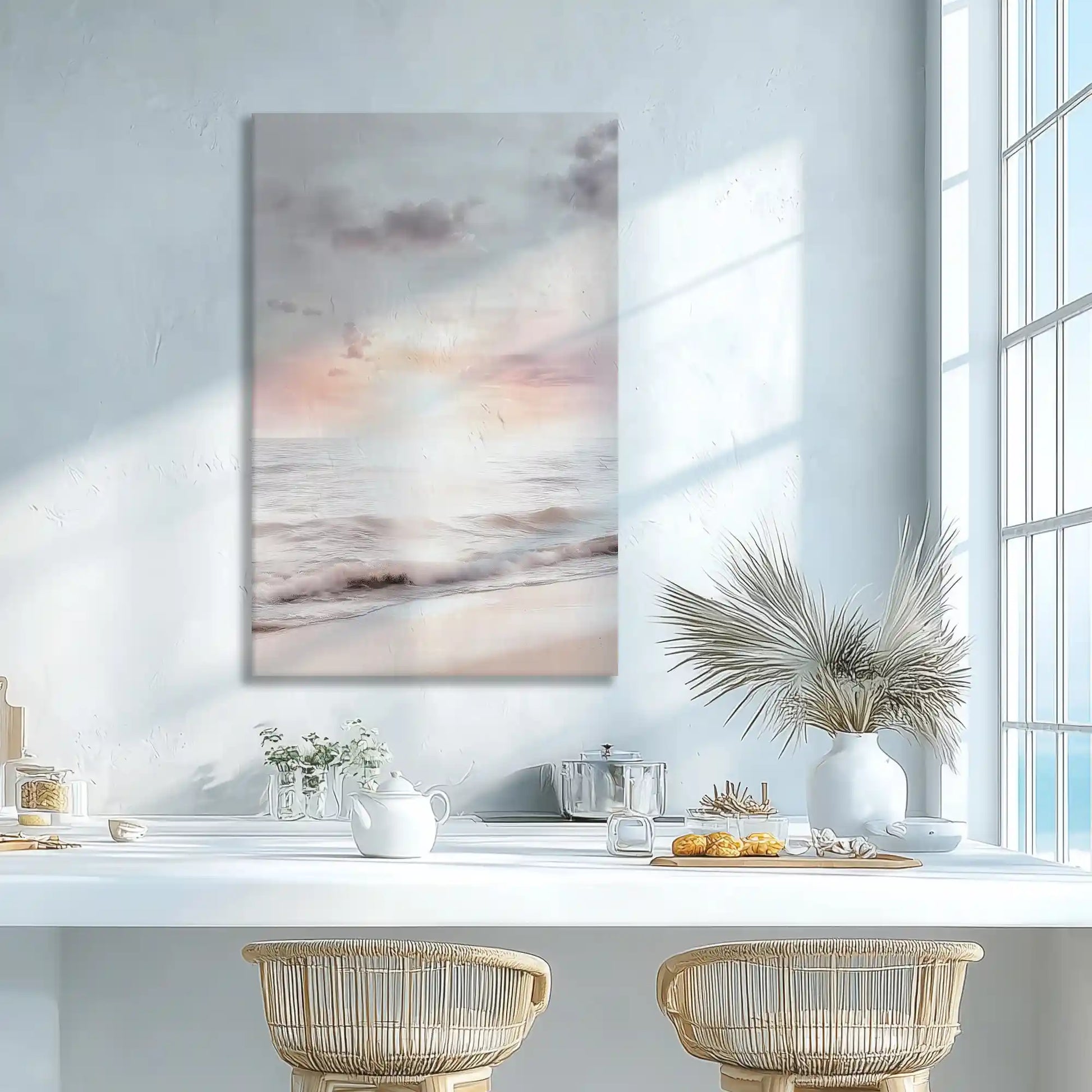 Soft sunrise ocean canvas print adding warm coastal calm to modern wall decor