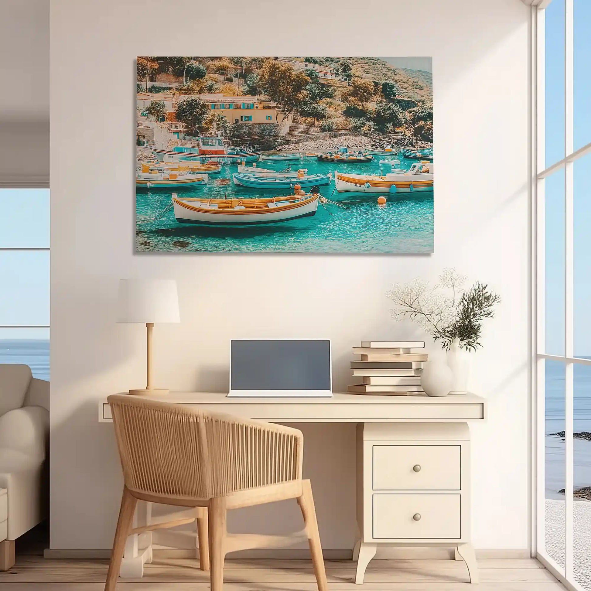 Oversized Mediterranean port canvas print styled as vibrant wall decor for homes