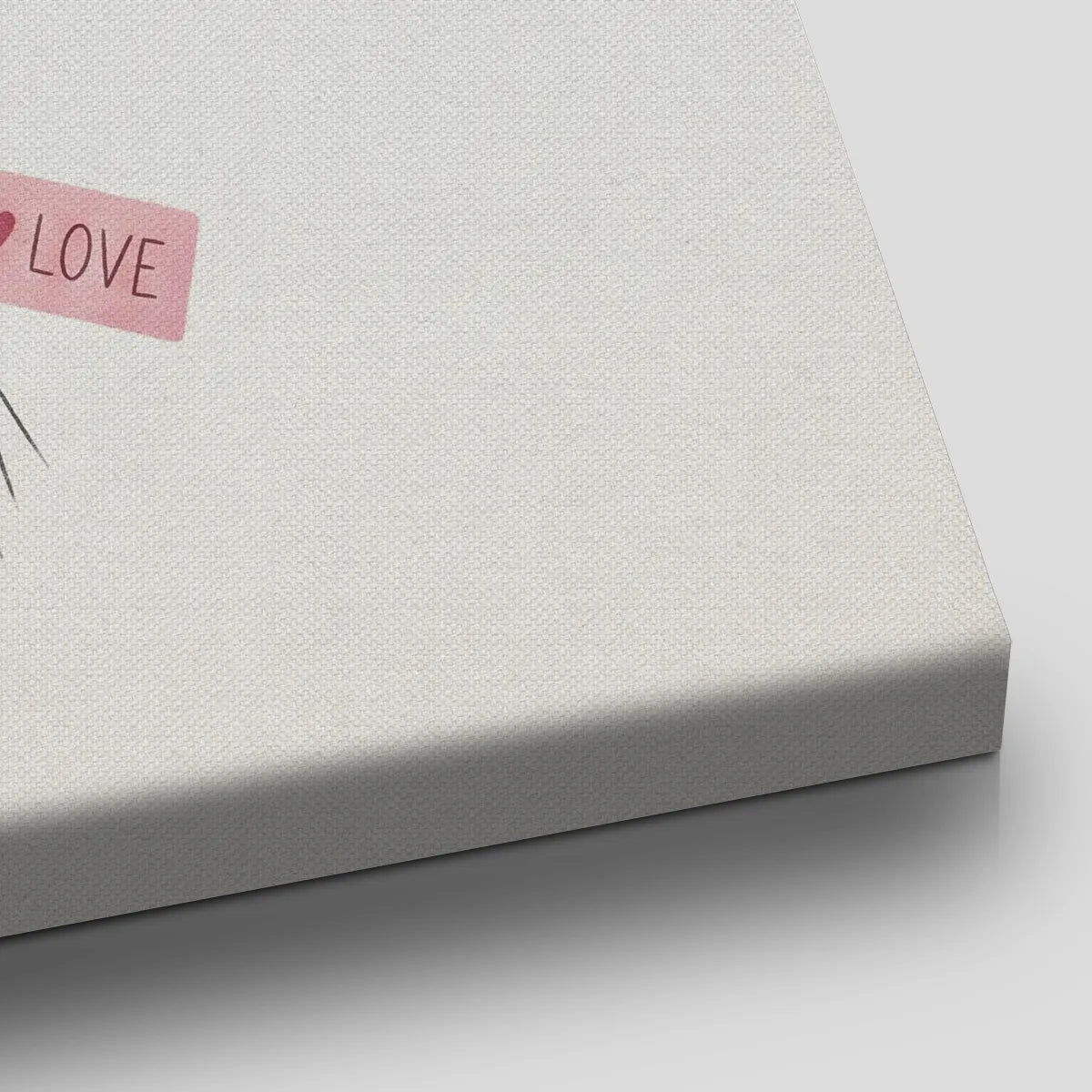 Whimsical canvas wall art showing heart balloons in soft pink and red tones with a dangling LOVE tag and pastel background.