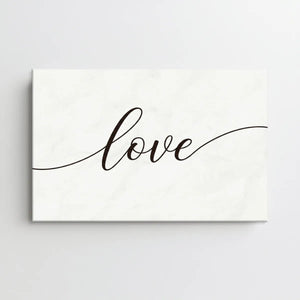 Horizontal vertical canvas art with the word 'love' in centered cursive, ideal for bedroom or hallway walls.