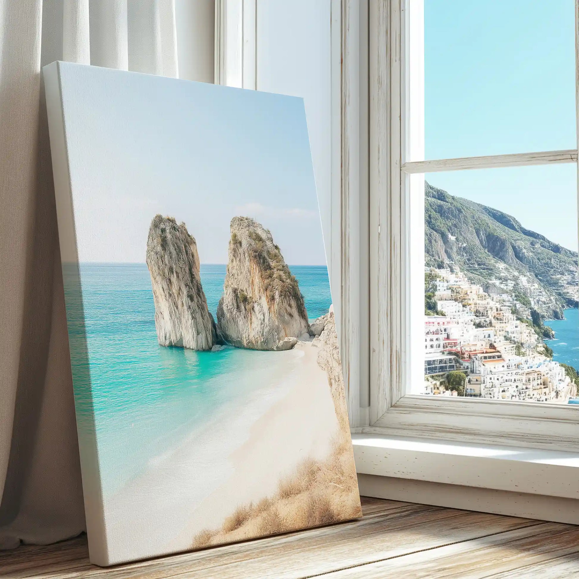 Twin seaside rocks captured in a coastal canvas print with clean minimalist style