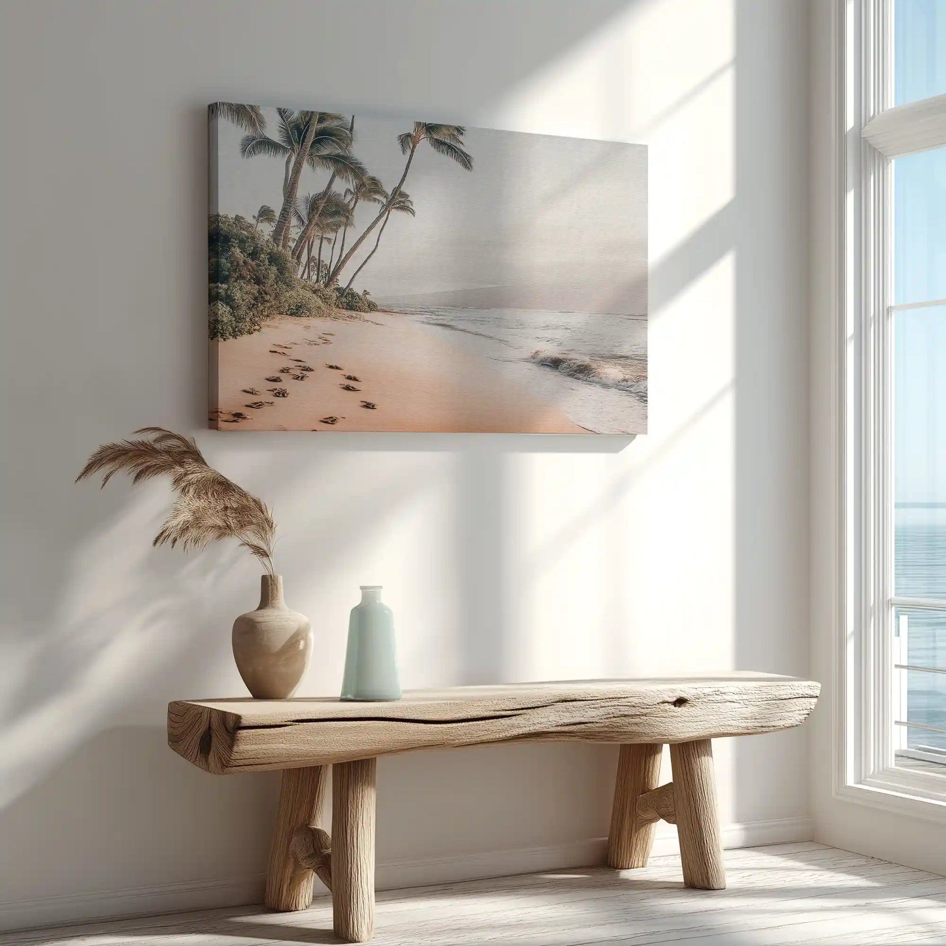 Large sandy beach canvas print perfect for above sofa placement in airy spaces
