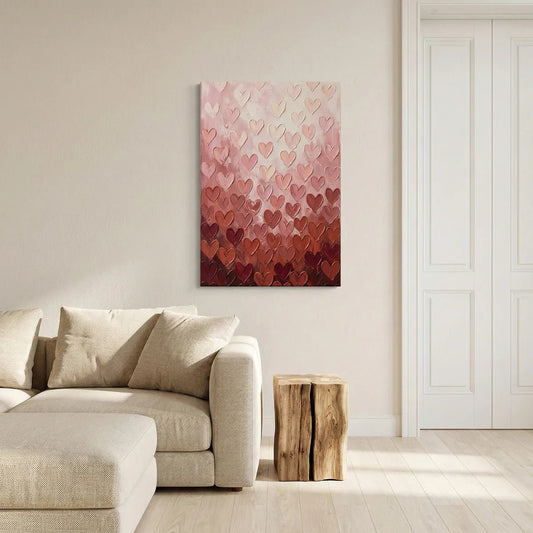 Textured canvas wall art with repeating hearts in peach, cream, and burgundy forming a soft, romantic gradient design