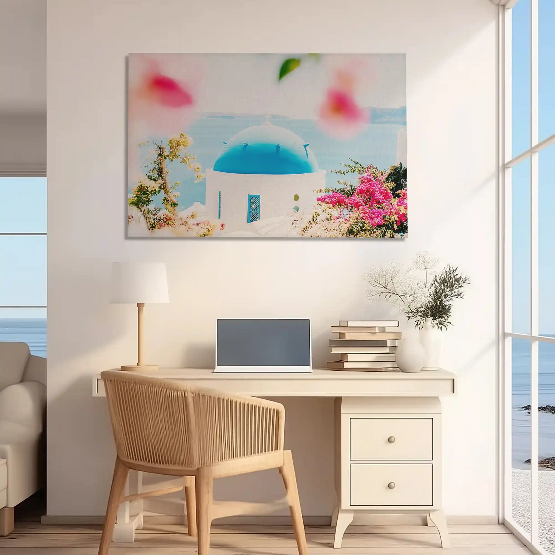 Mediterranean scene wall decor with turquoise dome and blooming flowers