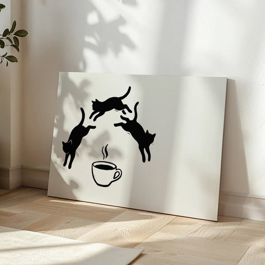 Minimalist canvas wall art with a centered coffee cup and three playful black cat silhouettes forming a symmetrical arc above