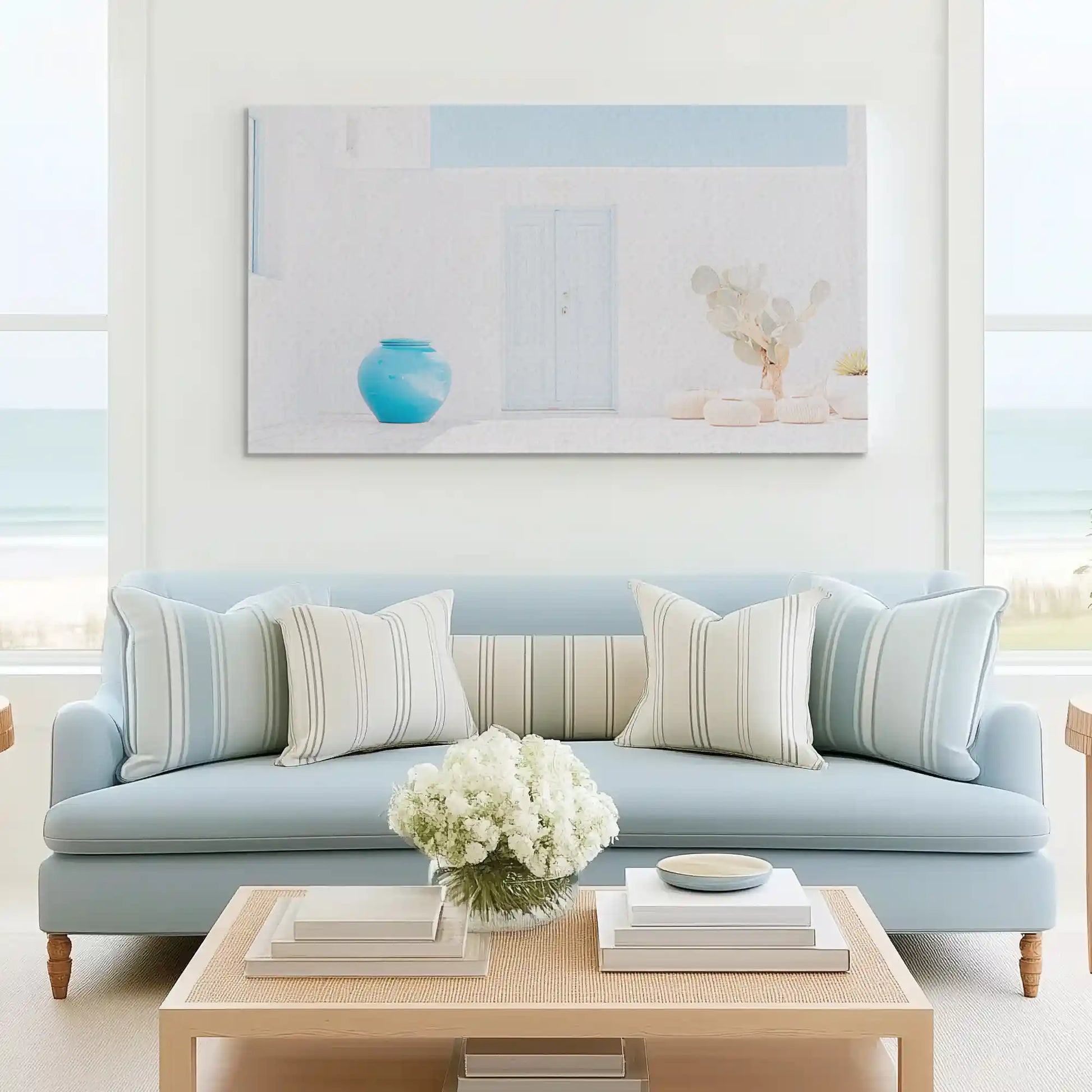Neutral white and aqua canvas wall art complementing modern coastal décor