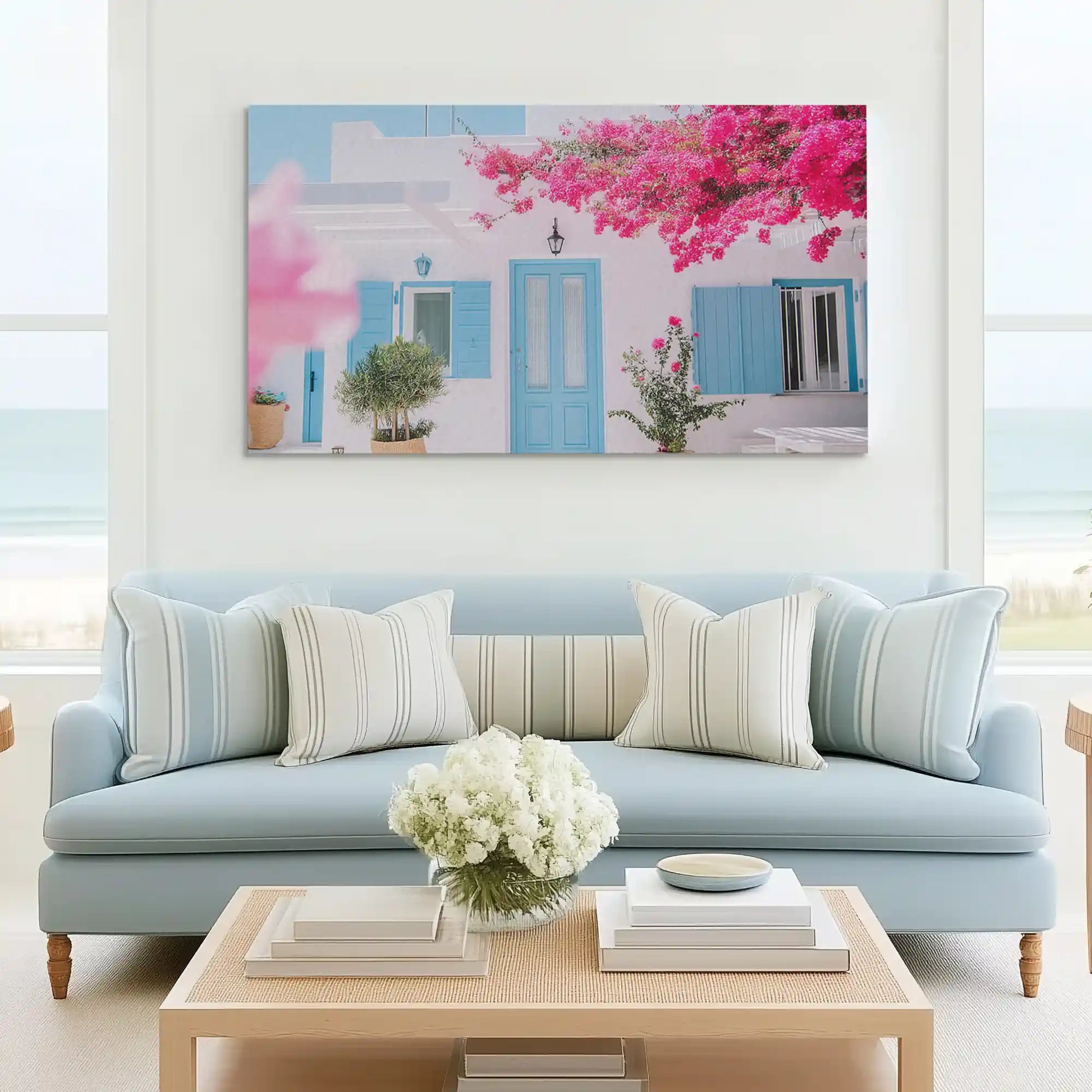 Contemporary coastal canvas wall art featuring turquoise doors and Mediterranean charm