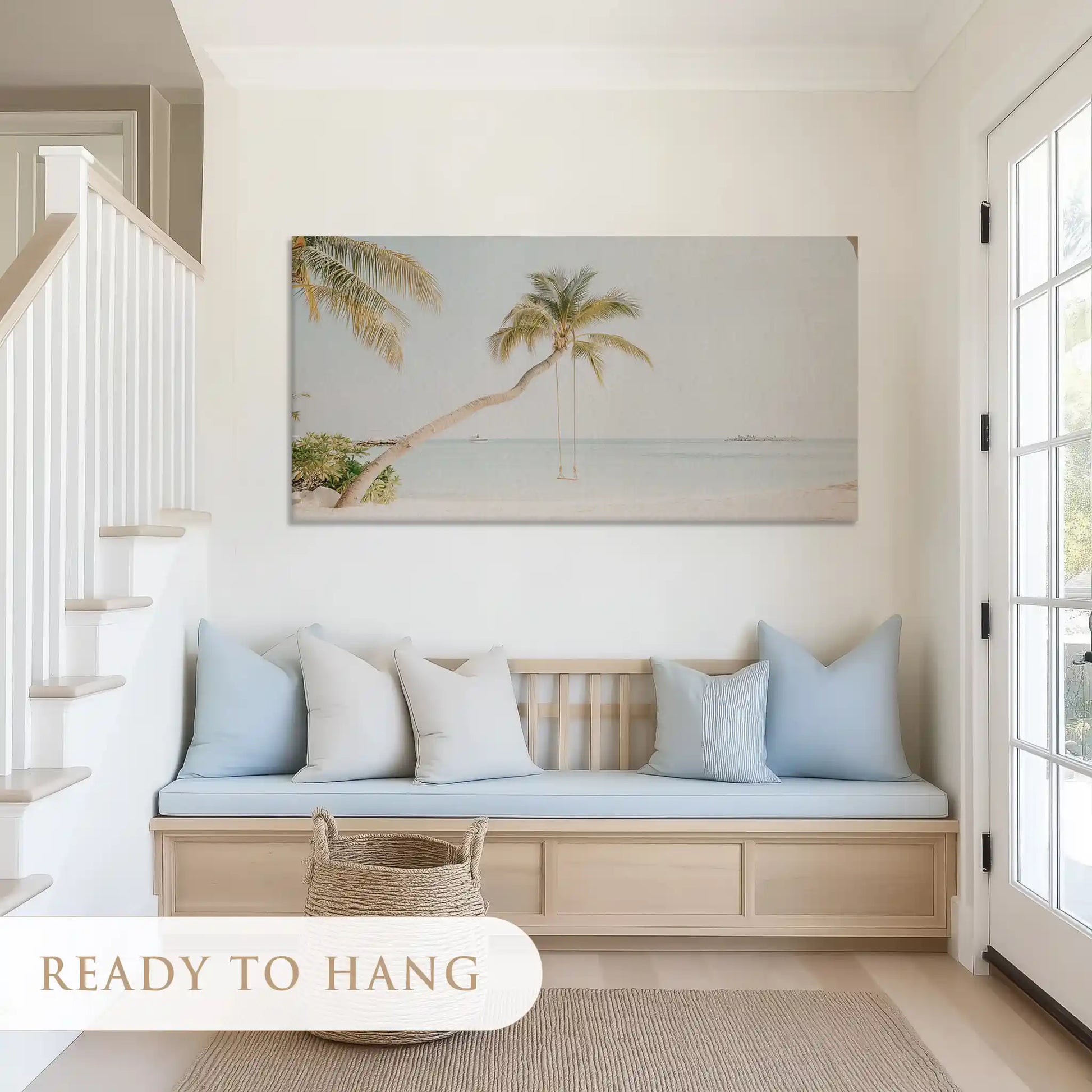 Calm seaside swing canvas art with muted tones for airy and coastal living rooms