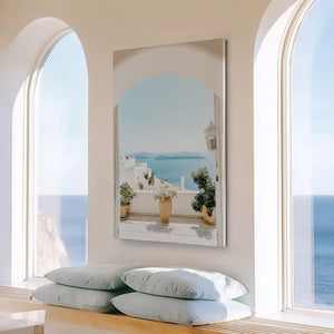 Large vertical terrace seascape painting perfect for enhancing bright living room walls