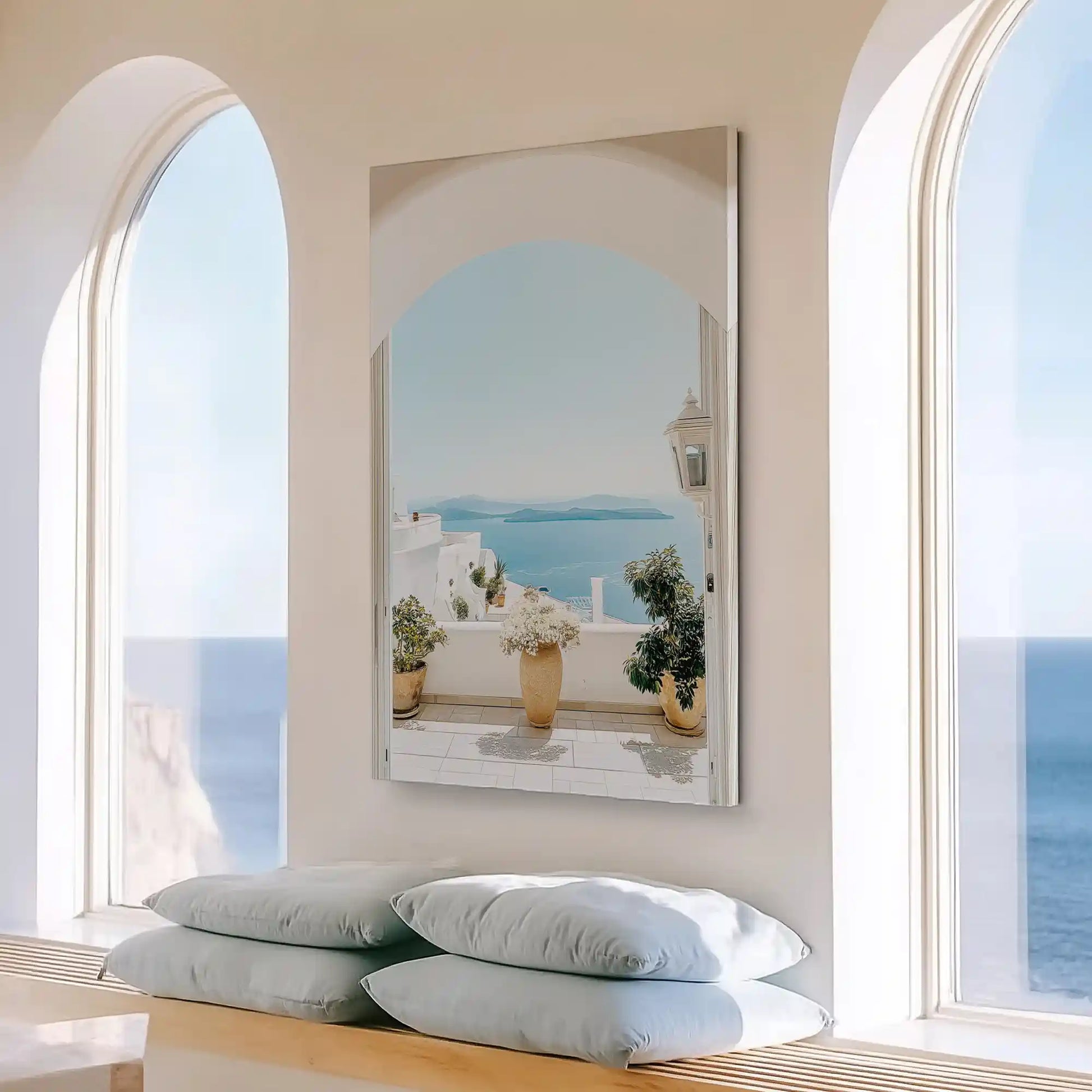 Large vertical terrace seascape painting perfect for enhancing bright living room walls