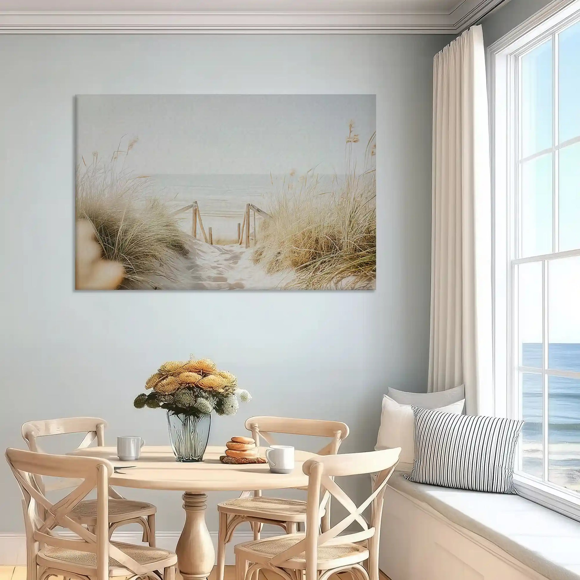 Soft pastel dune path canvas art enhancing serene and light-filled bedroom walls