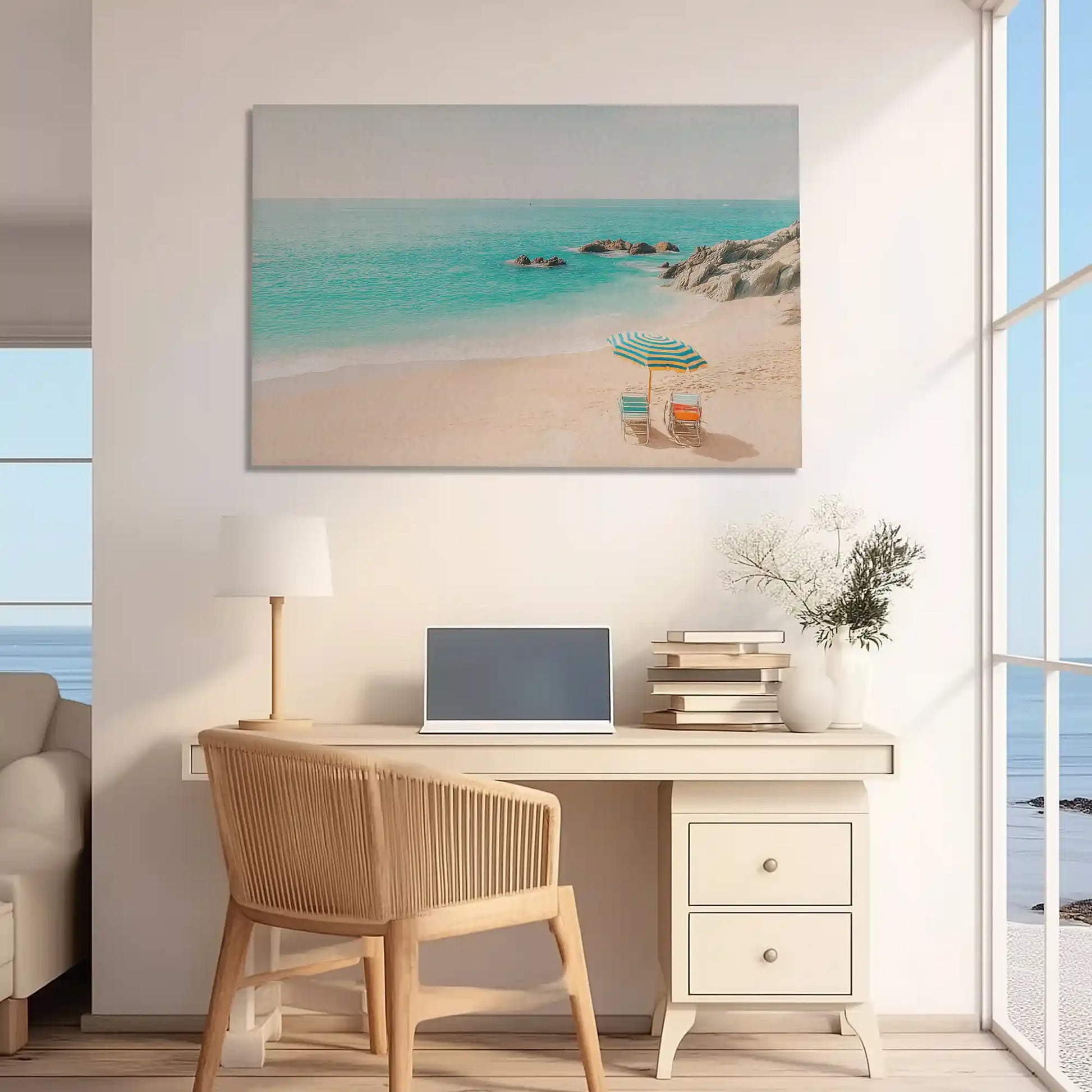 Rustic shoreline canvas print adding seaside charm to home office